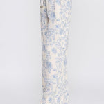Allie Rose floral linen pants in blue with small blossom print, casual bottoms with relaxed fit and lightweight fabric.