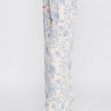 Allie Rose floral linen pants in blue with small blossom print, casual bottoms with relaxed fit and lightweight fabric.