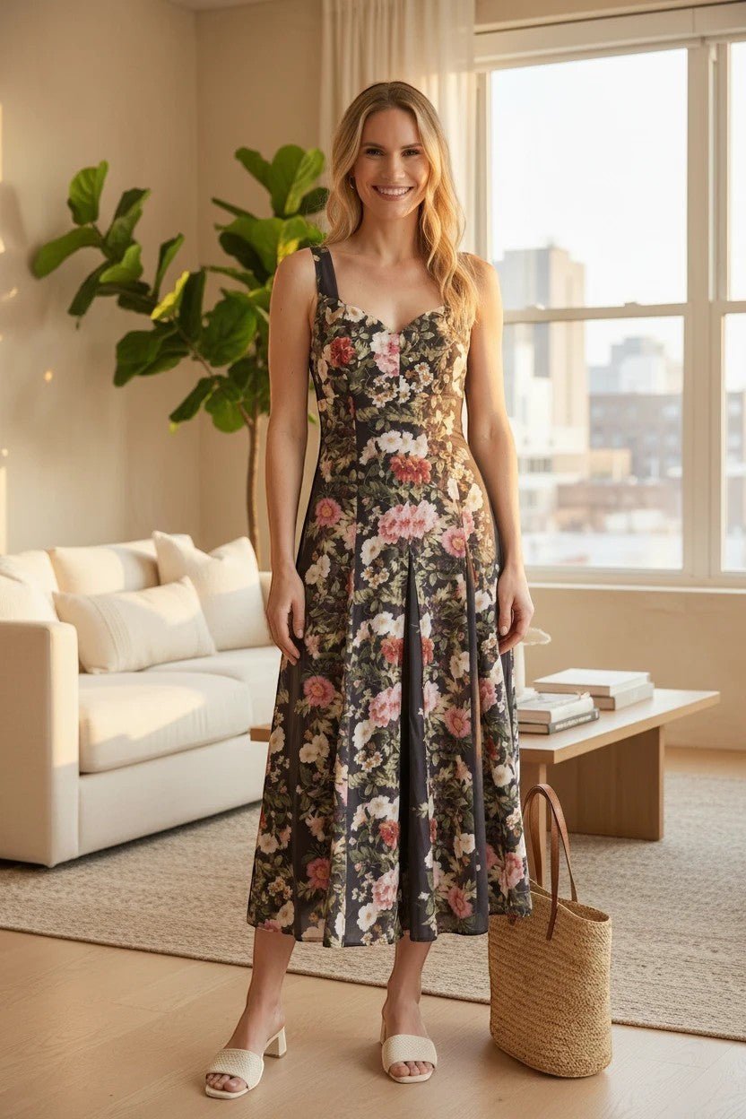 Charcoal floral panel midi dress by Forte featured on a hanger showcasing its elegant design and floral pattern.