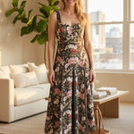 Charcoal floral panel midi dress by Forte featured on a hanger showcasing its elegant design and floral pattern.