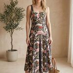 Charcoal floral panel midi dress by Forte, showcasing a fitted waist, soft fabric, and elegant floral pattern.