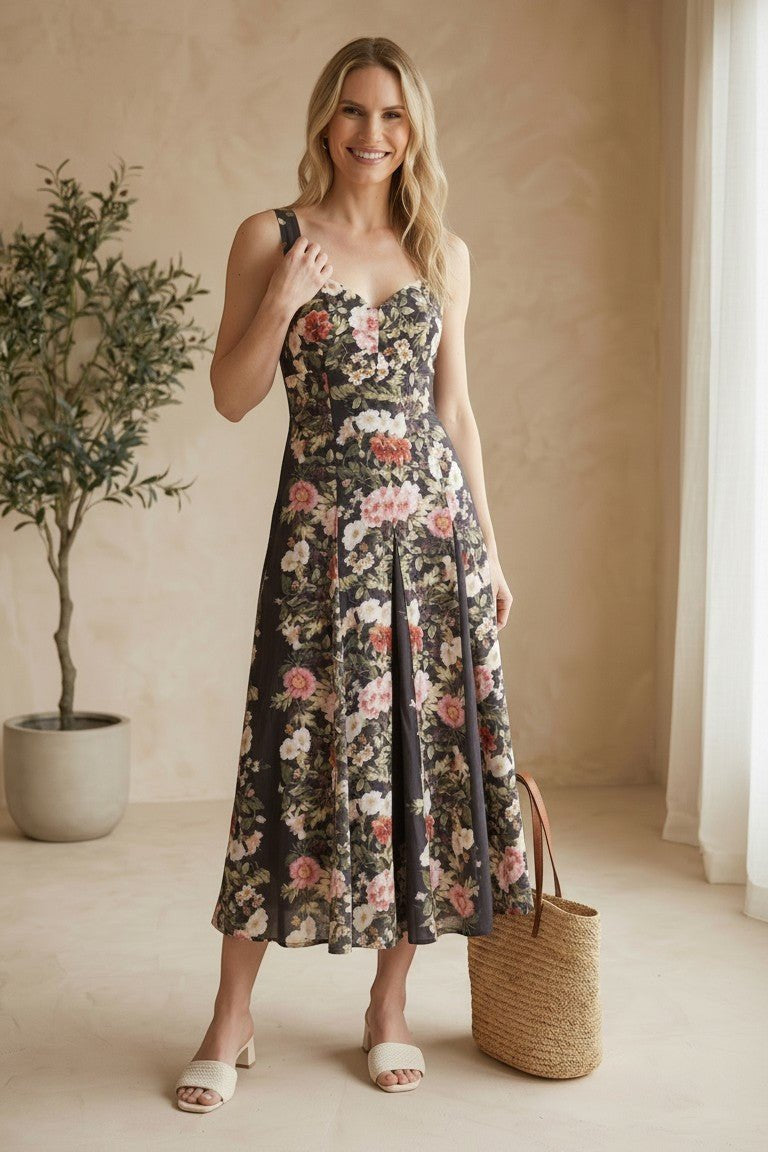 Forte floral panel midi dress with billowy sleeves and a fitted waist, featuring a vibrant floral pattern on soft fabric.