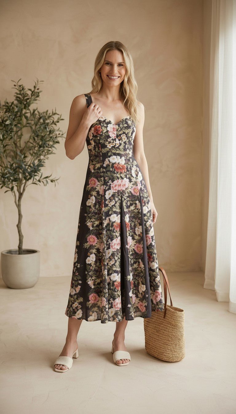 Forte floral panel midi dress with billowy sleeves and a fitted waist, featuring a vibrant floral pattern on soft fabric.