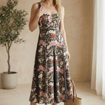 Forte floral panel midi dress with billowy sleeves and a fitted waist, featuring a vibrant floral pattern on soft fabric.