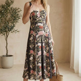 Forte floral panel midi dress with billowy sleeves and a fitted waist, featuring a vibrant floral pattern on soft fabric.