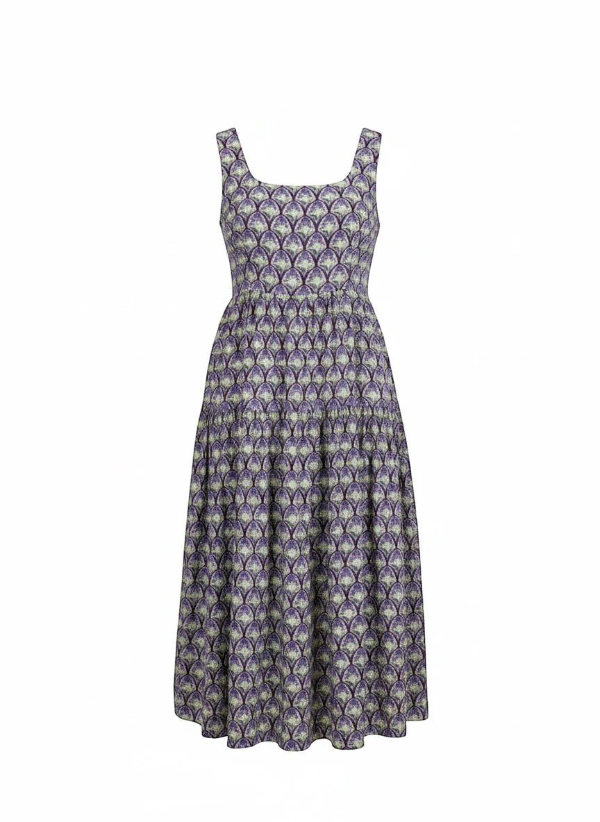 Floral print square neck midi dress from Doe and Rae featuring a flowing rayon and nylon fabric.