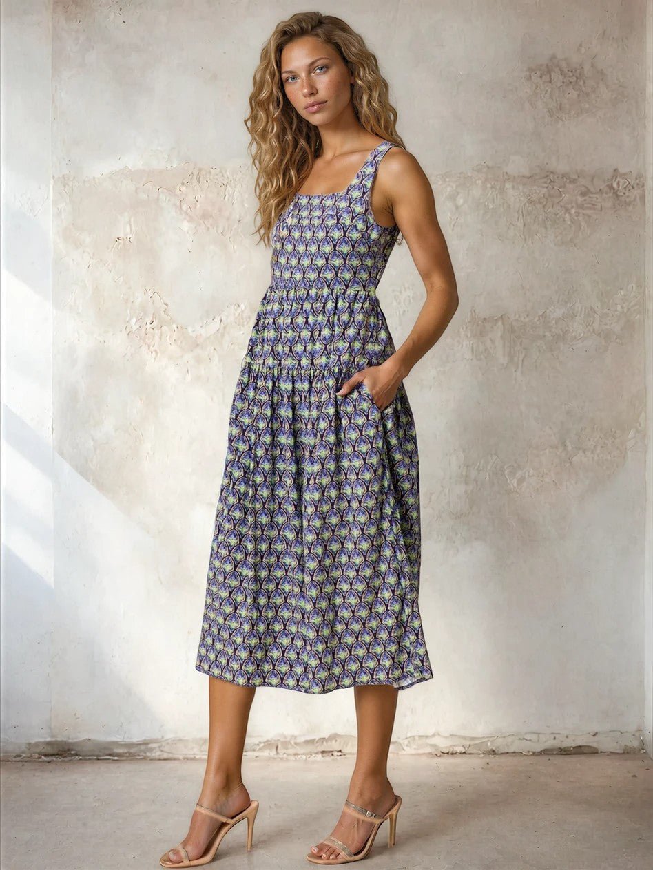 Doe and Rae floral print square neck midi dress with long sleeves, lightweight rayon and nylon fabric, perfect for spring and summer wear.