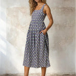 Doe and Rae floral print square neck midi dress with long sleeves, lightweight rayon and nylon fabric, perfect for spring and summer wear.