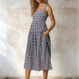 Doe and Rae floral print square neck midi dress with long sleeves, lightweight rayon and nylon fabric, perfect for spring and summer wear.