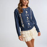 Floral Embroidered Cable Knit Sweater
