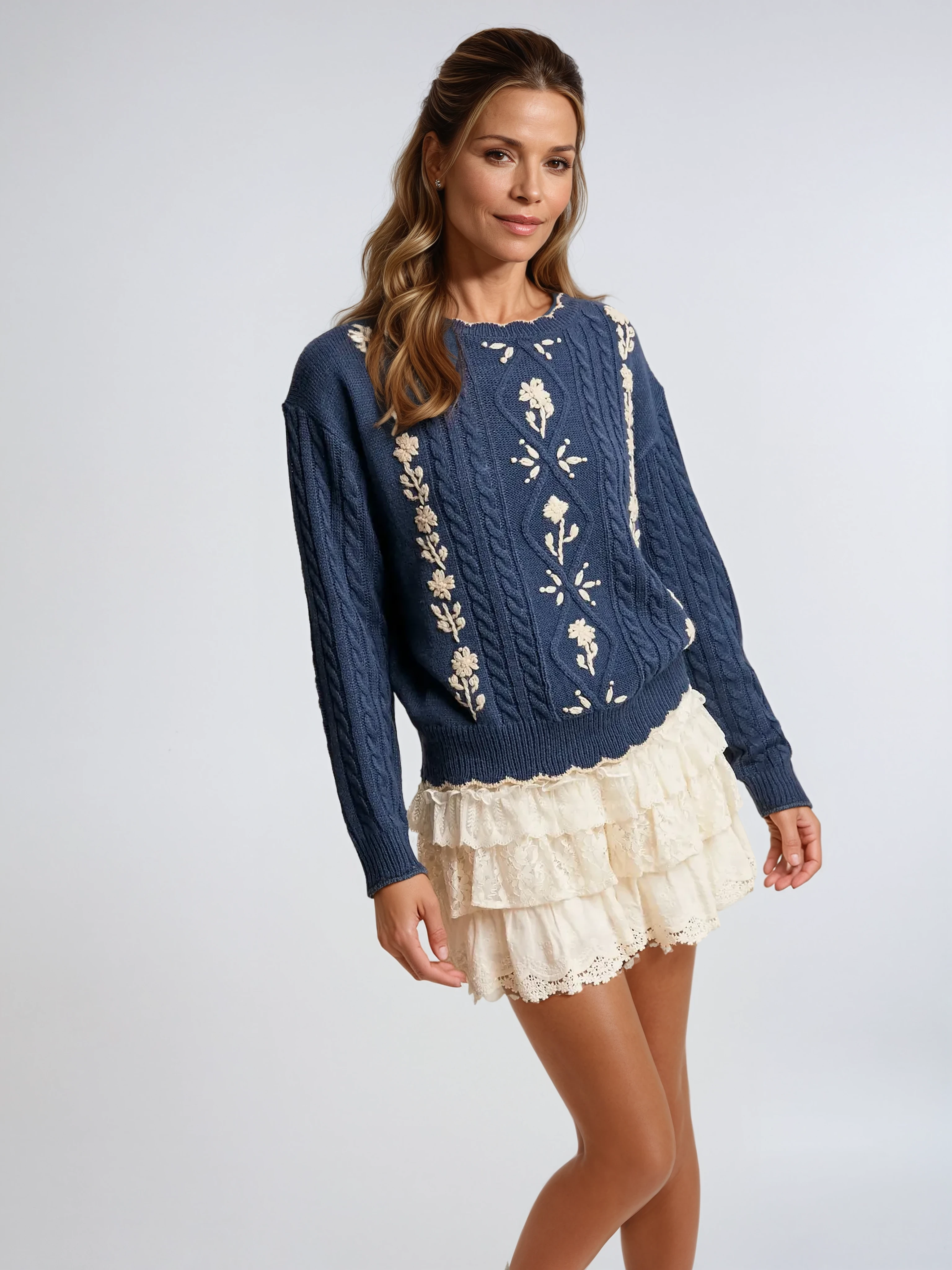 Floral Embroidered Cable Knit Sweater