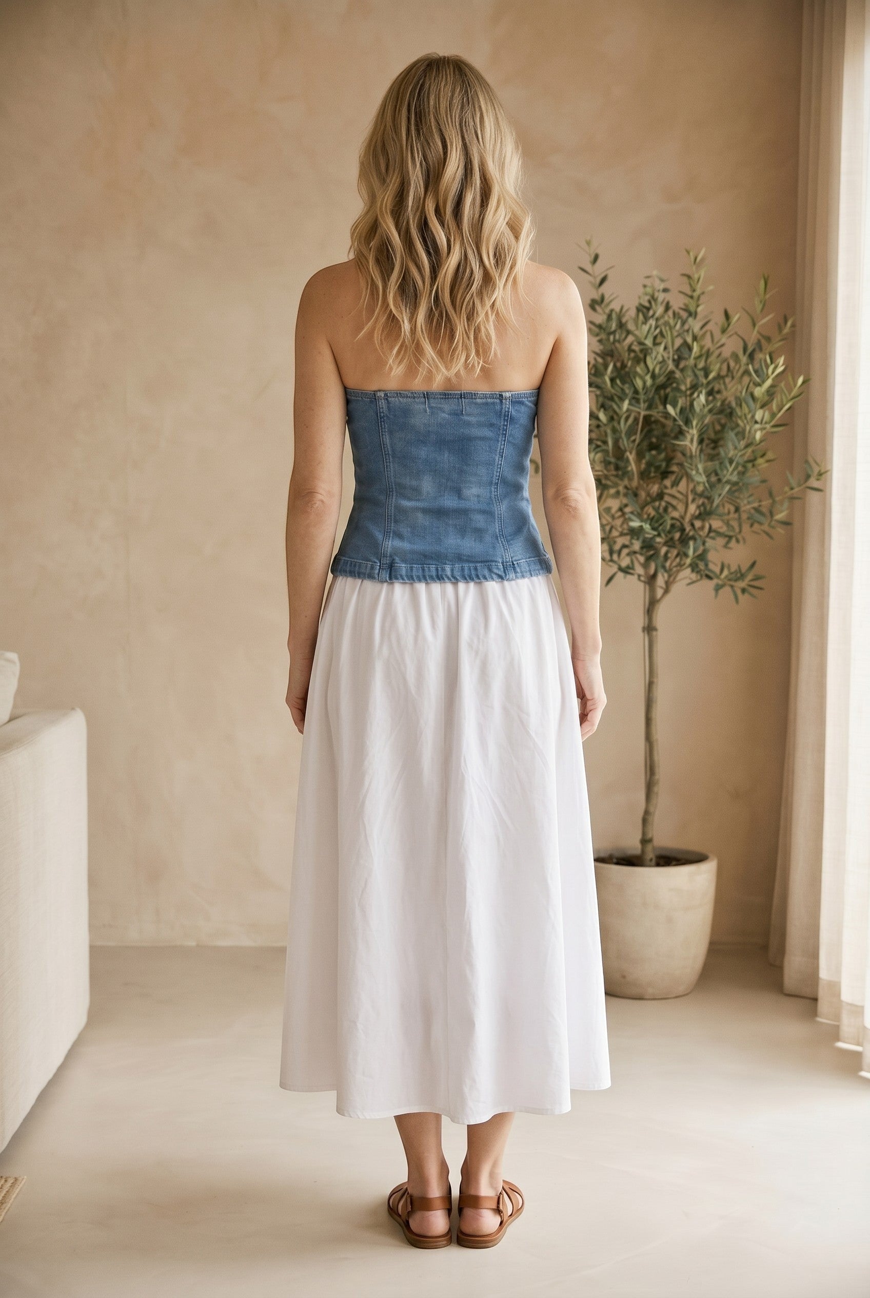 graced strapless denim bodice maxi dress with a white cotton skirt