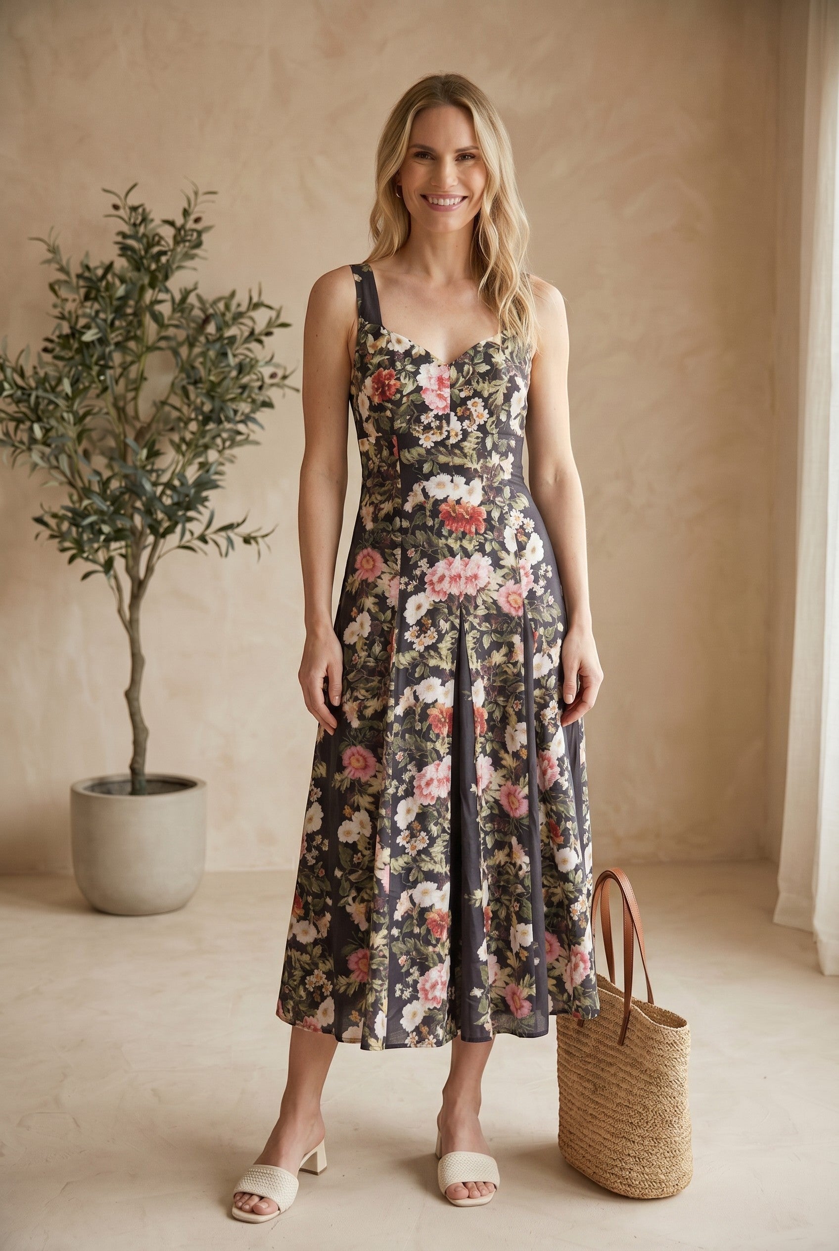 Forte floral panel midi dress made of cotton, featuring a vibrant floral pattern and a flowing midi length.