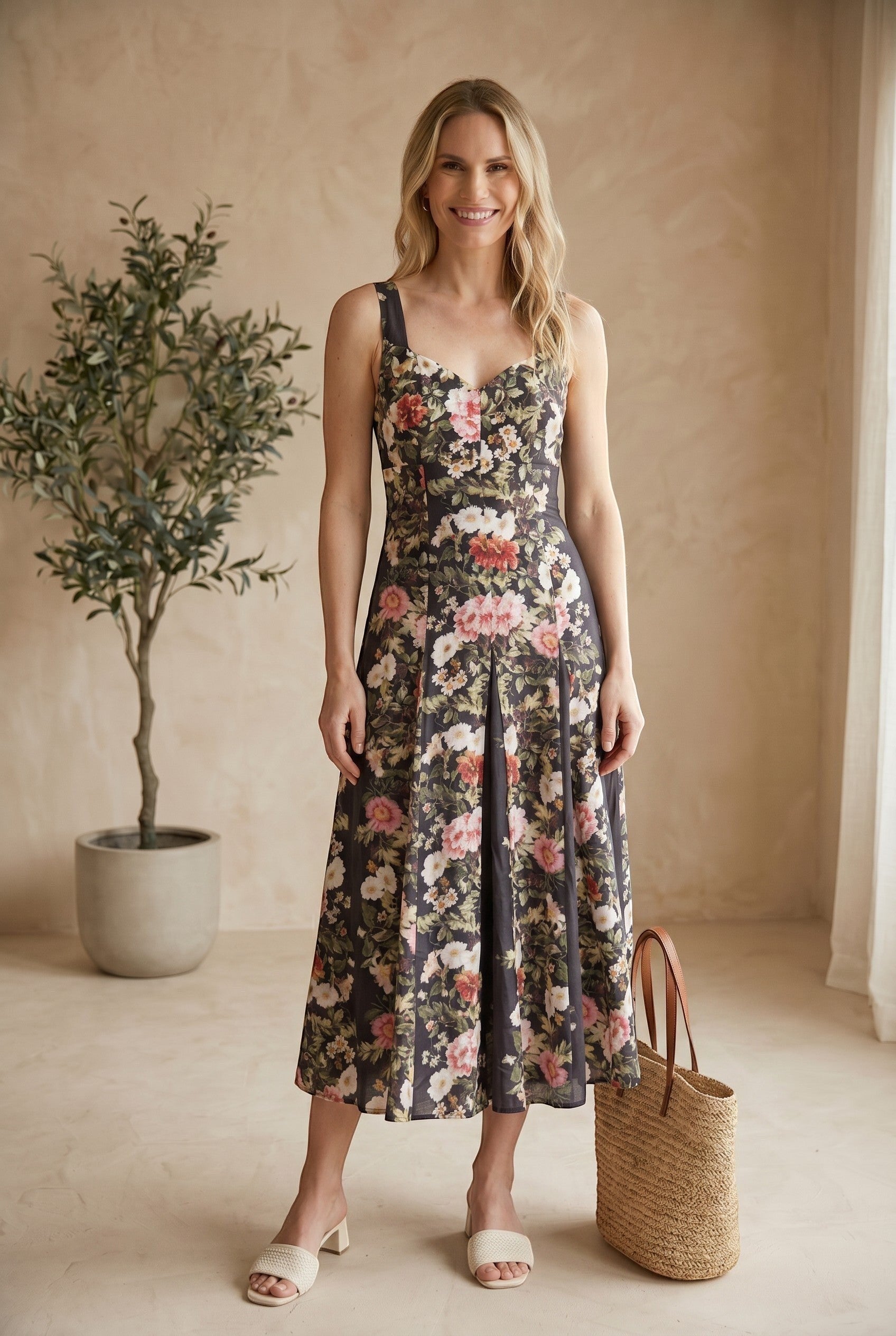Charcoal floral panel midi dress by Forte, showcasing a fitted waist, soft fabric, and elegant floral pattern.