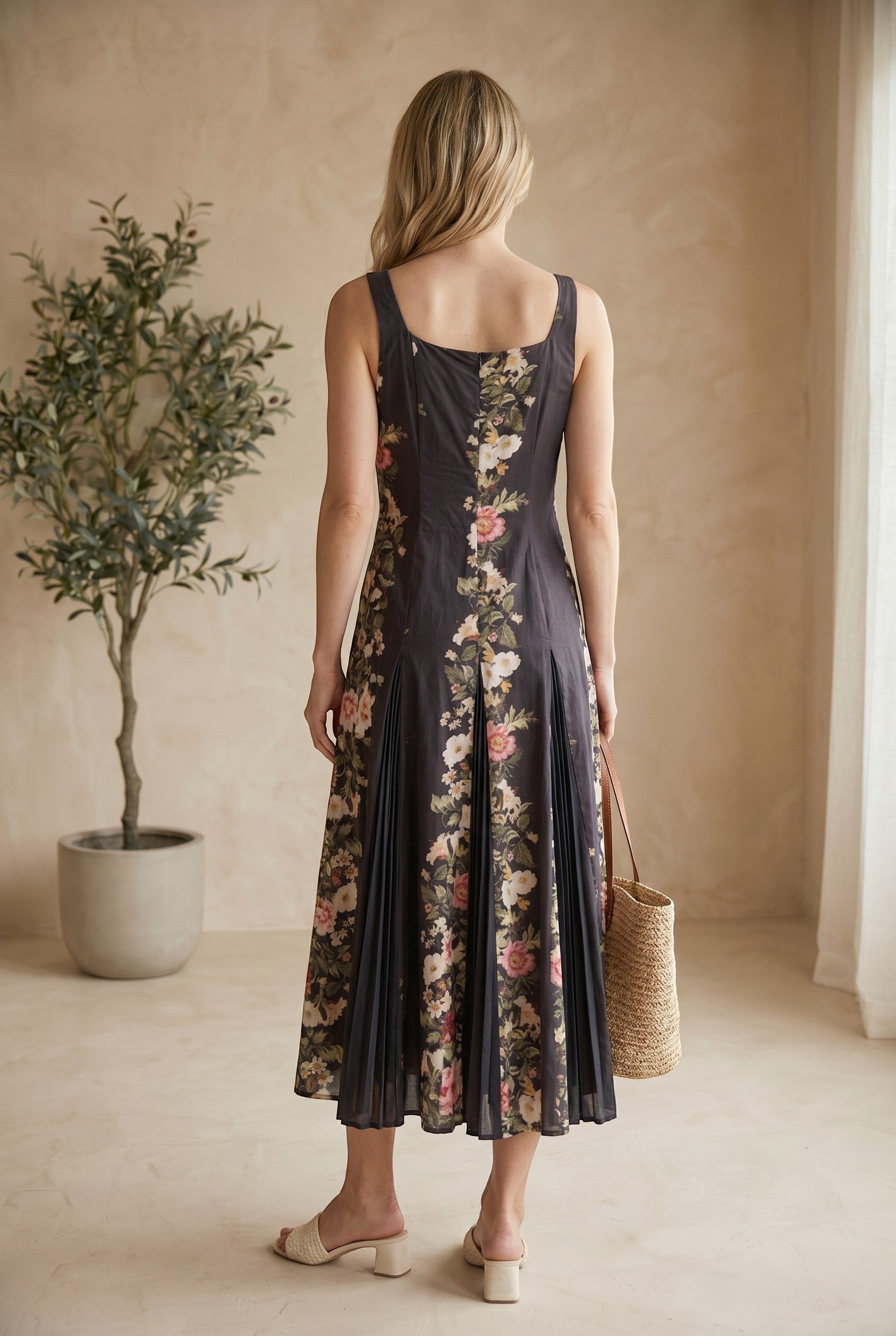 Forte floral panel midi dress made of cotton with pleated design, showcasing a flowy, elegant dress style.