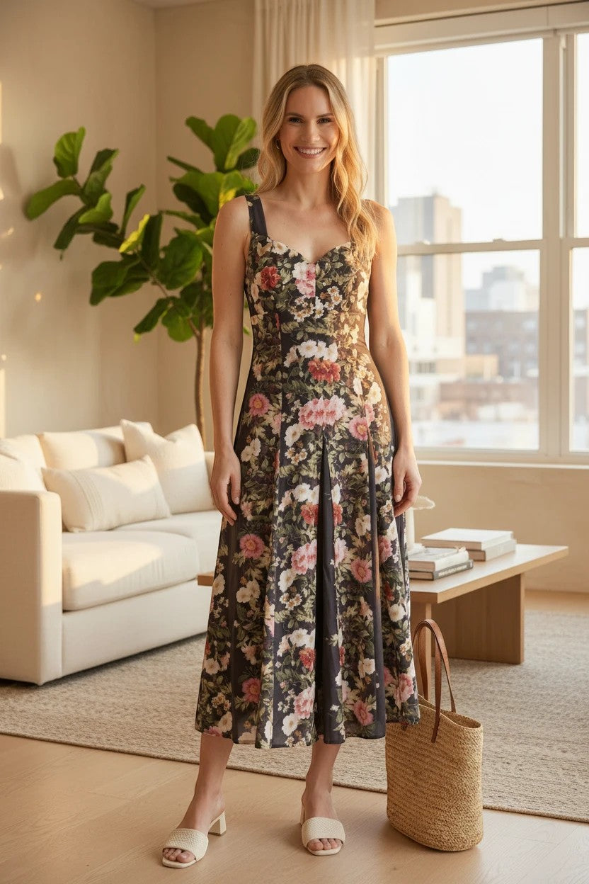Forte floral panel midi dress made of cotton, featuring a vibrant floral pattern and a flowing midi length.