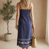 Navy embroidered straight neck midi dress by Forte, featuring detailed embroidery and a sleek, elegant silhouette.