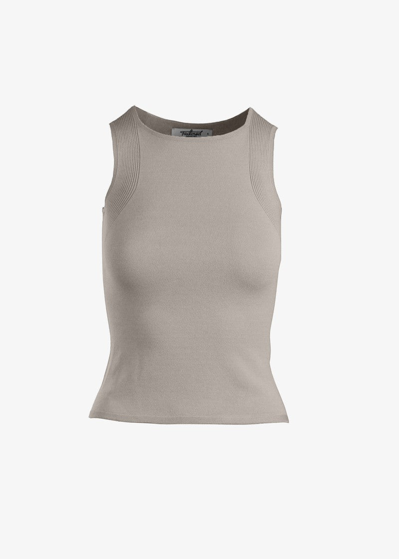 Graced Agnes knit tank top in light beige, featuring traveling rib trim and a flattering, effortless fit. Made from EcoViscose blend.
