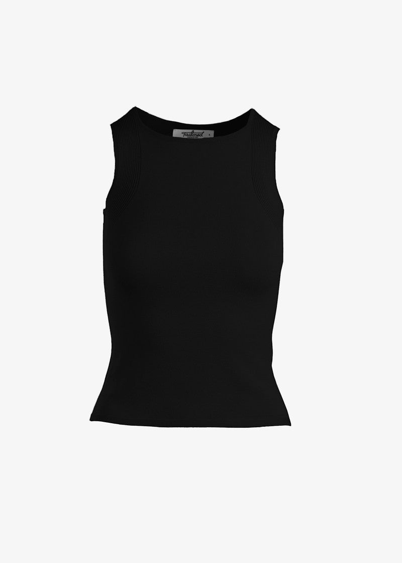 graced Agnes Knit Tank in black, made from EcoViscose blend with traveling rib trim detail.