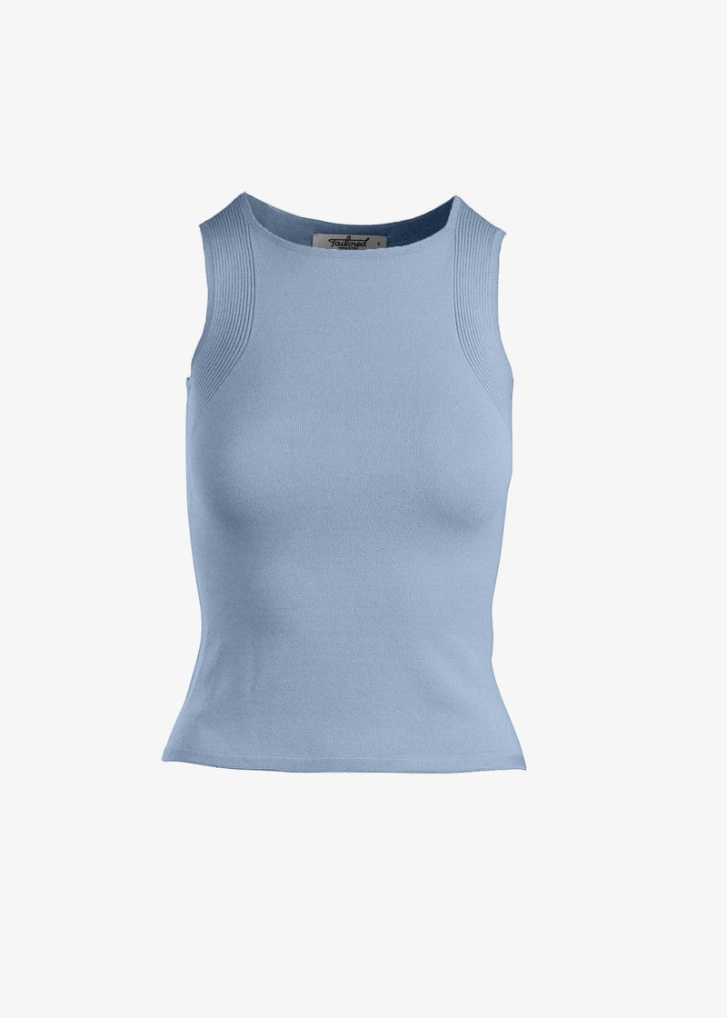 graced Agnes Knit Tank in light blue EcoViscose blend with traveling rib trim detail. Soft, breathable, and lightweight.