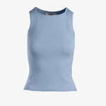 graced Agnes Knit Tank in light blue EcoViscose blend with traveling rib trim detail. Soft, breathable, and lightweight.