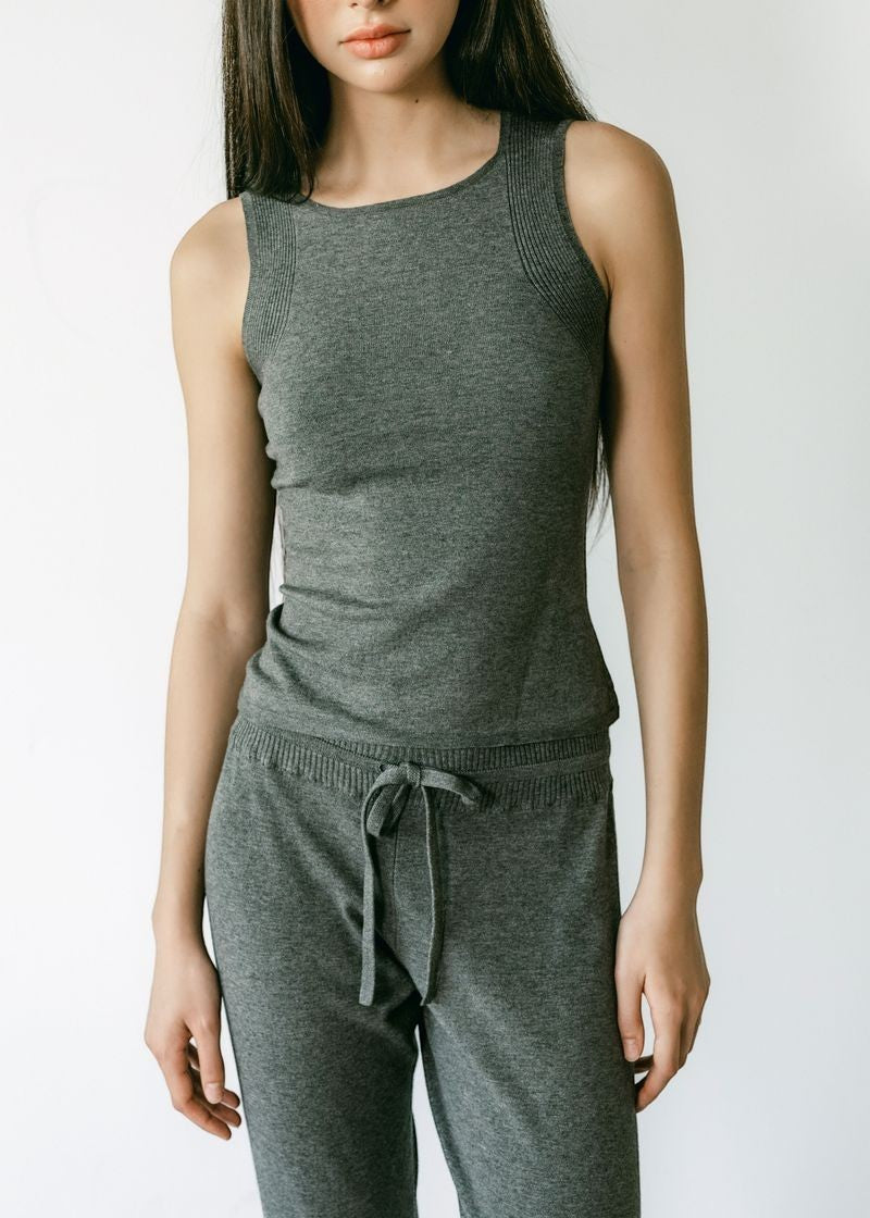 graced Agnes Knit Tank in charcoal grey EcoViscose blend with traveling rib trim detail.