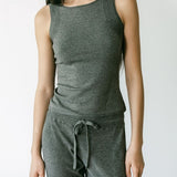 graced Agnes Knit Tank in charcoal grey EcoViscose blend with traveling rib trim detail.