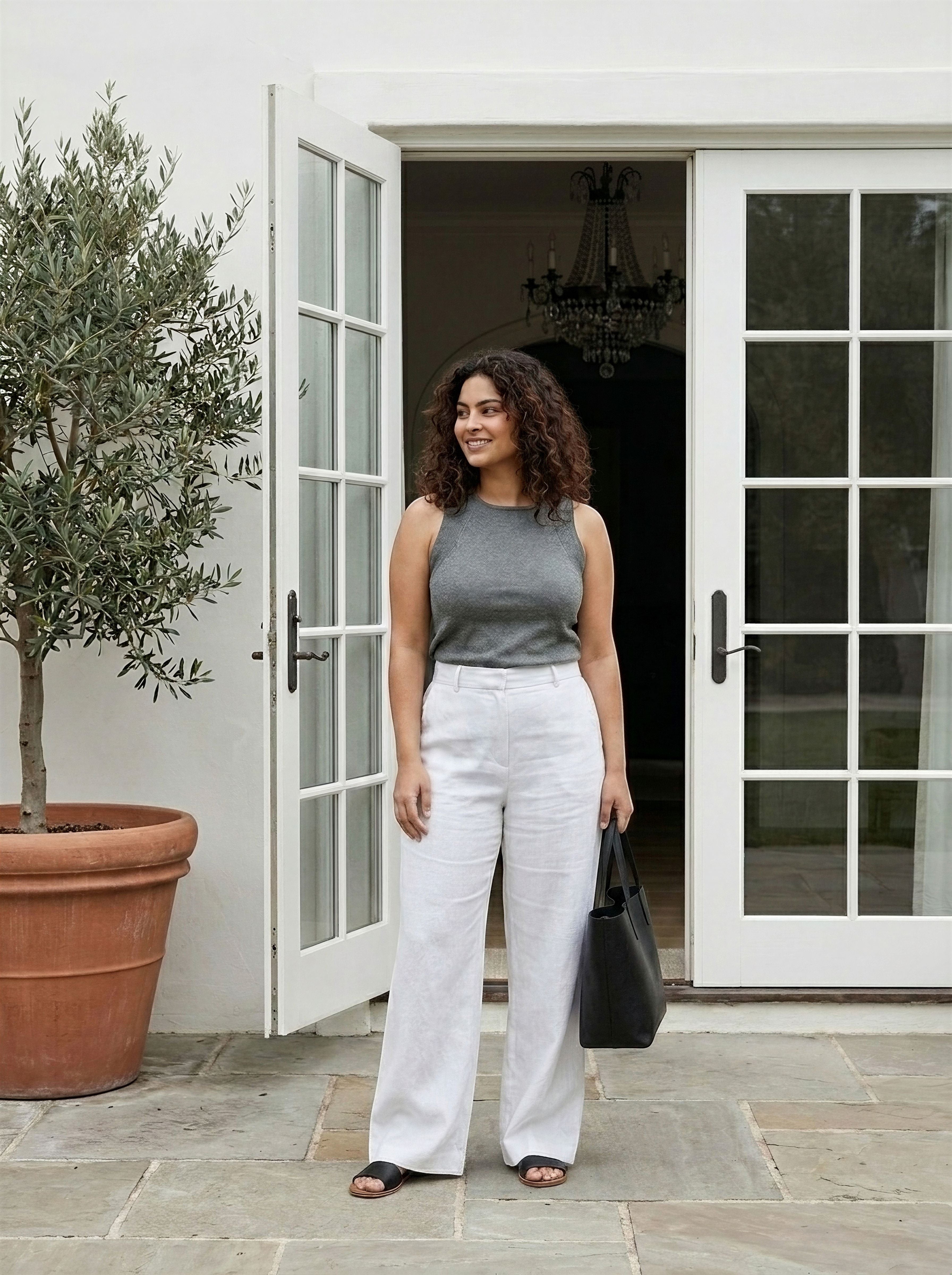 Graced Agnes knit tank top in charcoal grey EcoViscose blend with traveling rib trim detail.