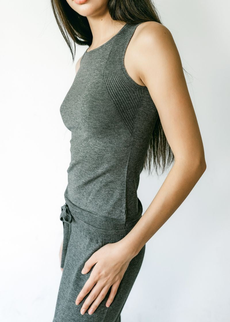 Graced Agnes knit tank top in charcoal grey EcoViscose blend with traveling rib trim detail.