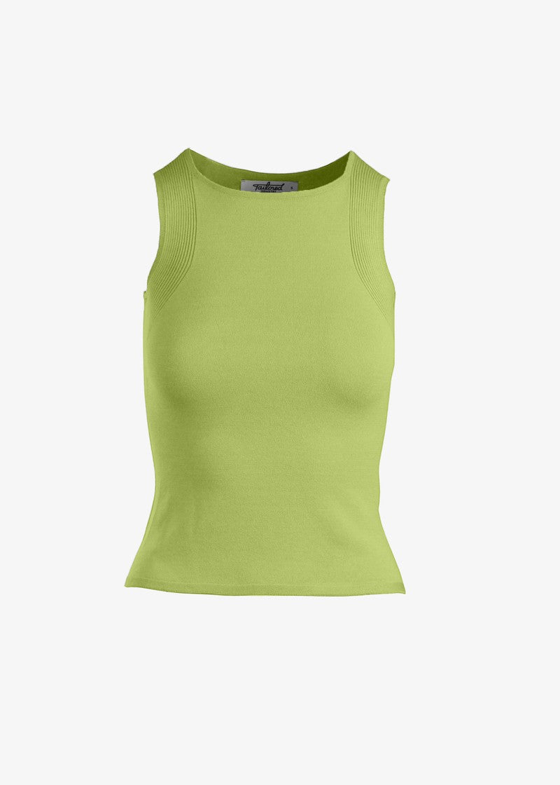 graced Agnes knit tank top in lime green, featuring traveling rib trim and a smooth EcoViscose blend fabric.