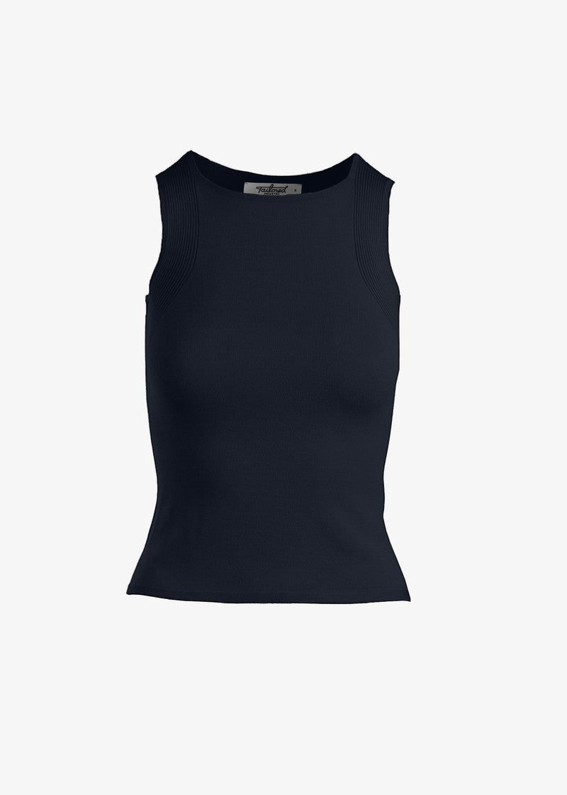 graced Agnes Knit Tank in navy blue EcoViscose blend with traveling rib trim detail and a flattering, easy silhouette.