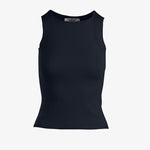graced Agnes Knit Tank in navy blue EcoViscose blend with traveling rib trim detail and a flattering, easy silhouette.