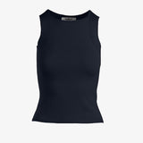 graced Agnes Knit Tank in navy blue EcoViscose blend with traveling rib trim detail and a flattering, easy silhouette.