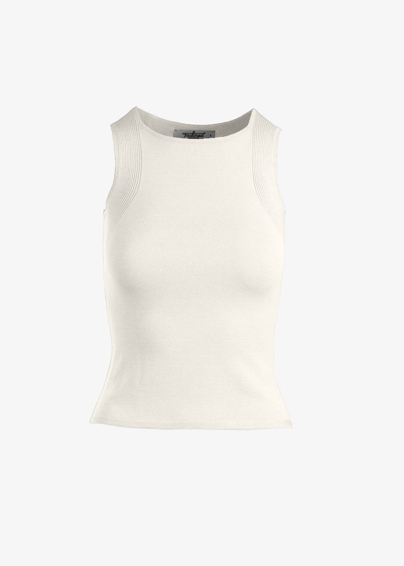 graced Agnes Knit Tank in off-white, made from EcoViscose blend with traveling rib trim detail.