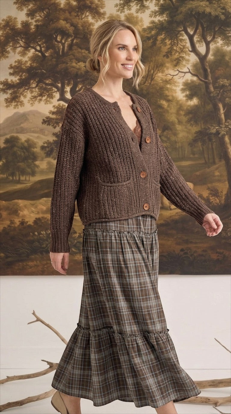 graced Amanda raw edge knit cardigan in brown worn by a woman with a plaid skirt