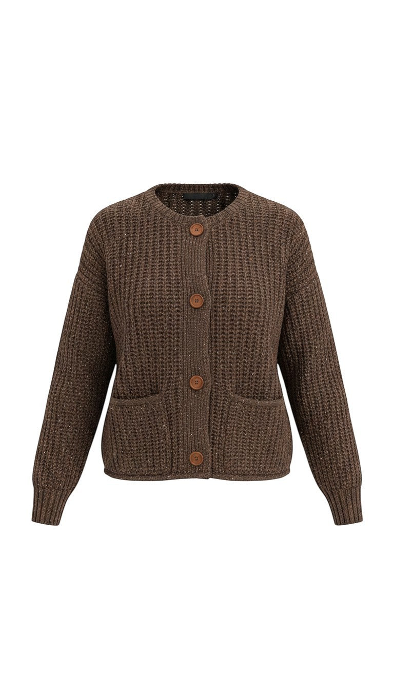 graced Amanda brown knit cardigan with raw edges, button front, and front pockets in a relaxed fit
