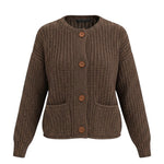 graced Amanda brown knit cardigan with raw edges, button front, and front pockets in a relaxed fit