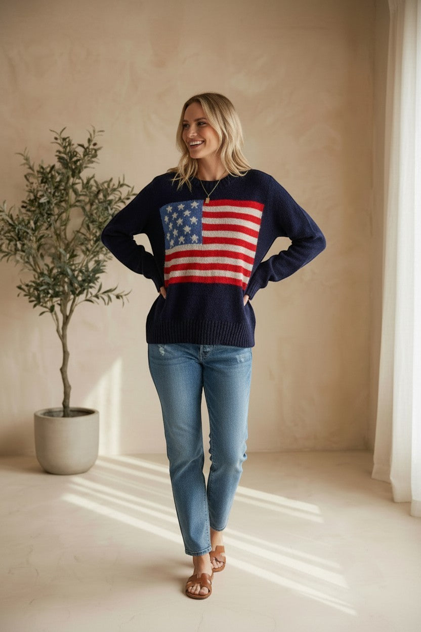Navy American Flag lightweight sweater from Panache Apparel Co, casual tops with patriotic star and stripe design, acrylic and nylon blend.