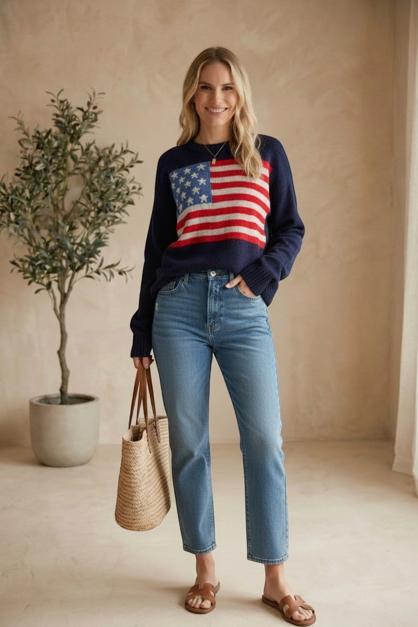 Navy lightweight American flag sweater from Panache Apparel Co, soft acrylic and nylon tops with patriotic flag design.