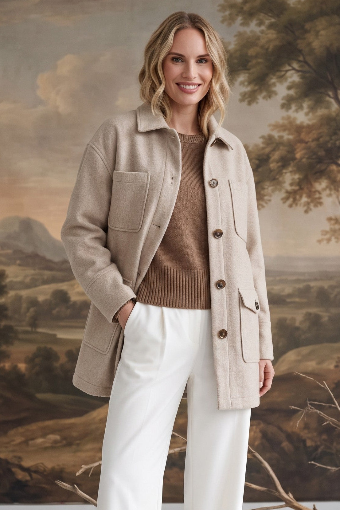 A woman wearing the graced Anna Five Button Coat in a neutral beige wool-blend with a classic collar and pockets.