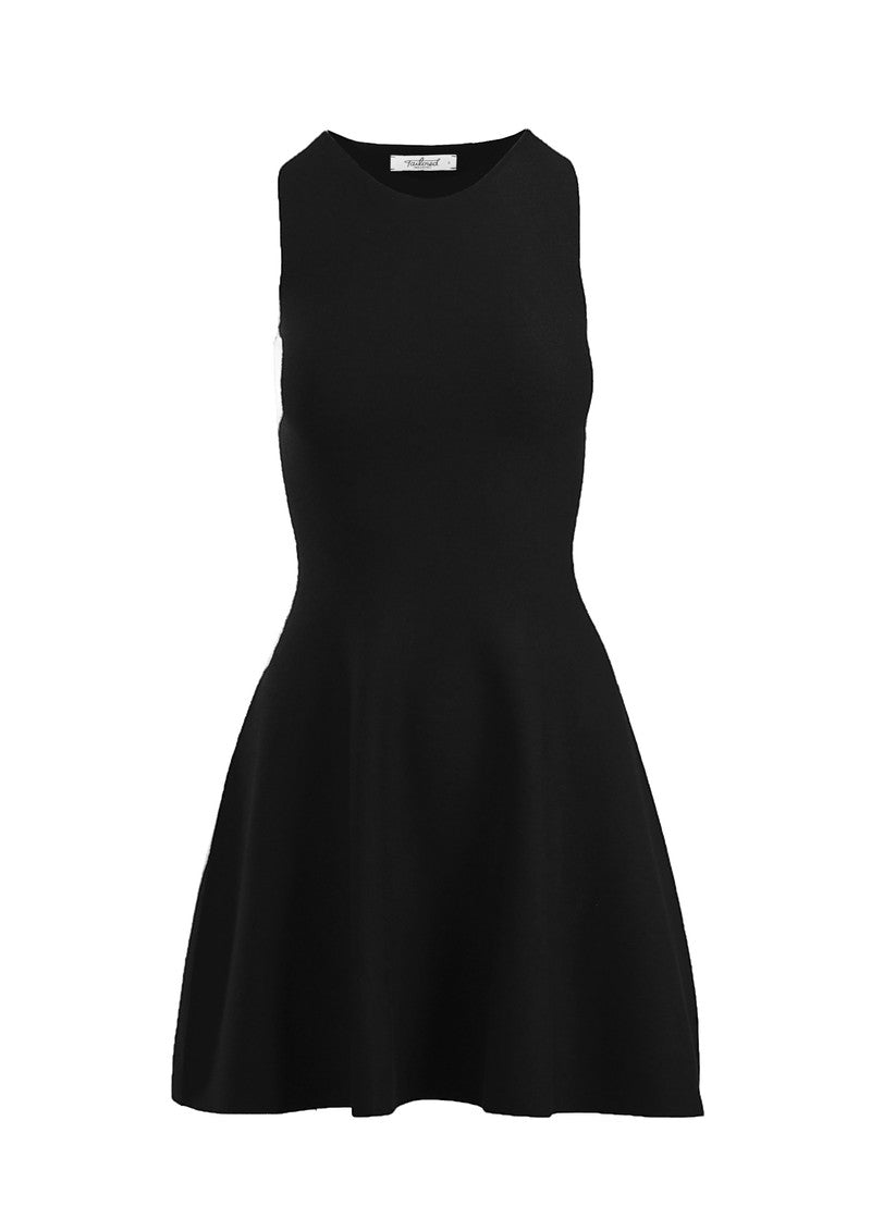 graced black sleeveless Anna Flare Dress in EcoViscose knit with a U-neckline and tennis-inspired flared skirt.