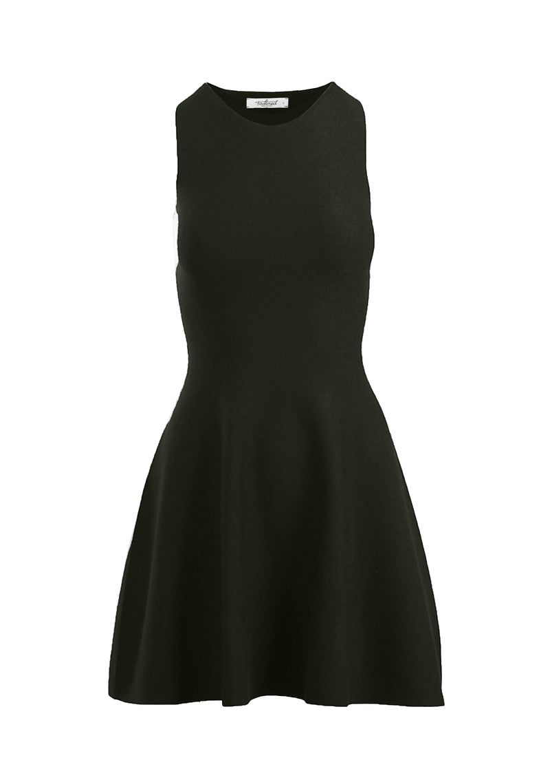 Black knit Anna Flare Dress by graced, featuring a fitted bodice and flared skirt, perfect for stylish and comfortable wear.