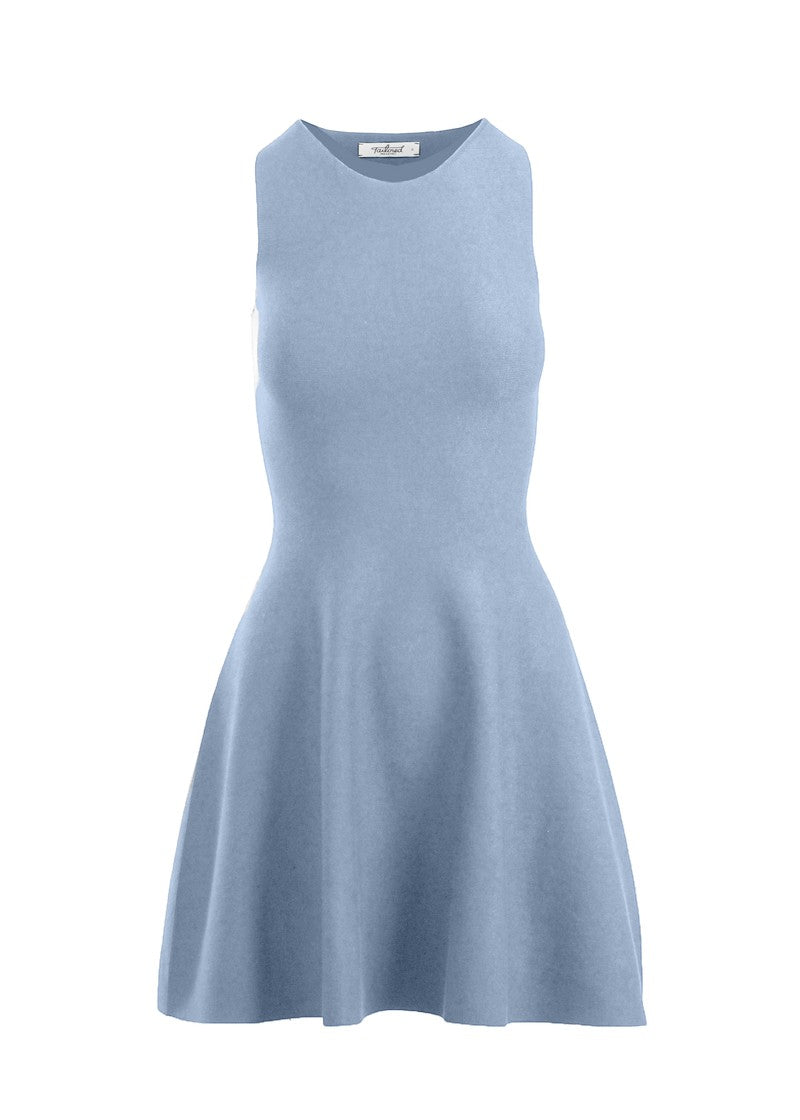 graced Anna Flare Dress in light blue EcoViscose knit with a sleeveless U-neckline and a tennis-inspired skirt.