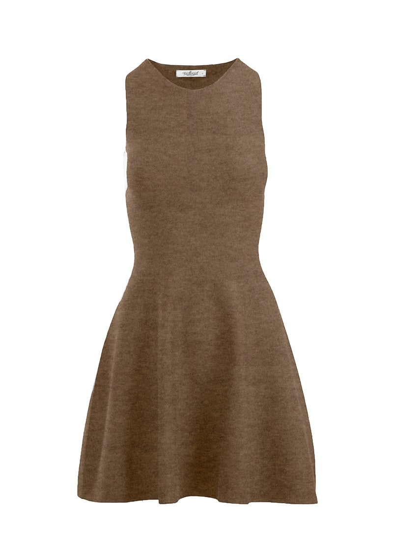 graced Anna Flare Dress in brown EcoViscose knit with a sleeveless U-neckline and a tennis-inspired flared skirt.