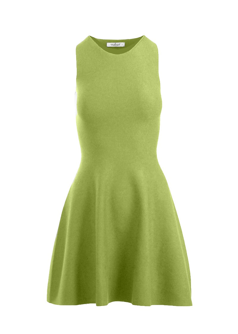 graced Anna Flare Dress in lime green EcoViscose with a sleeveless U-neckline and a tennis-inspired flared skirt.