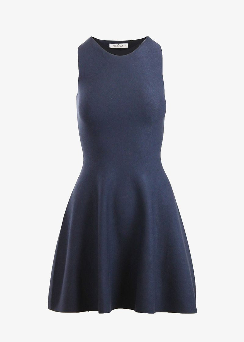Navy knit Anna Flare Dress by Graced, shown hanging on a wooden hanger with a fitted waist and flared skirt.