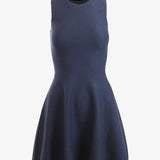 graced navy blue sleeveless Anna Flare Dress in soft EcoViscose knit with a fitted bodice and flared skirt.