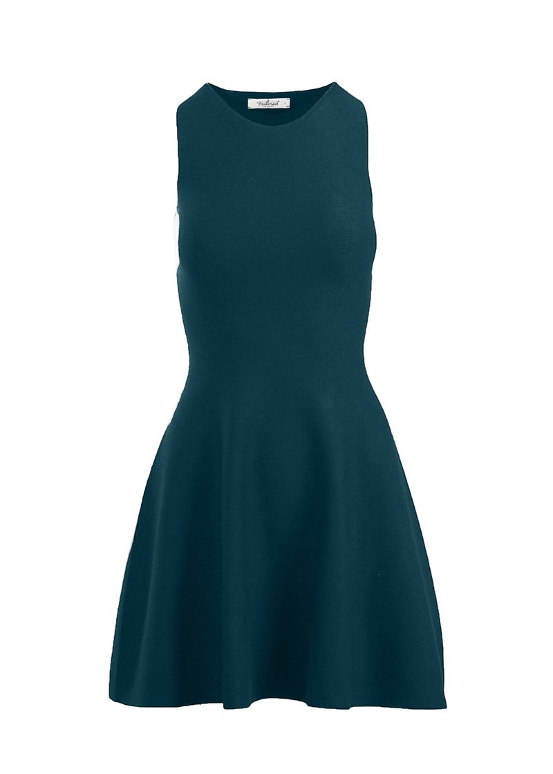 Teal knit Anna Flare Dress by graced, showcasing a fitted bodice and flowing flared skirt on a model.