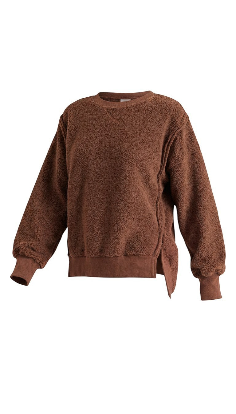 graced The Ashley oversized chocolate brown brushed fleece top with long sleeves and side slit hem detail
