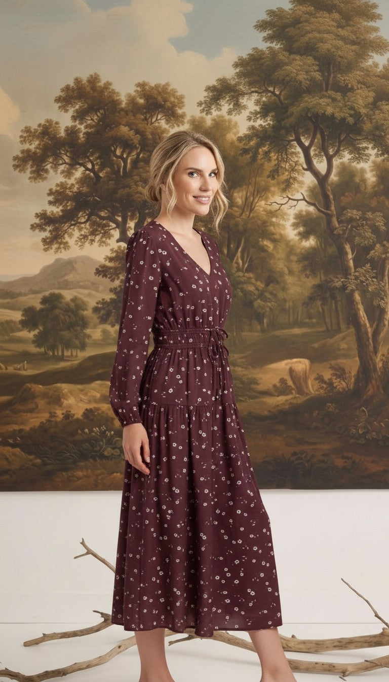graced Audrey floral midi dress in burgundy with long sleeves, v-neckline, and a cinched waist on a model